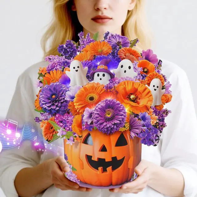 Main image of Halloween Card with Music Lights, Pop Up Pumpkin Bouquet Decoration 10 Inch Life Size, 3D Ghost Paper Forever Flower,Play Halloween Music,Lights Dance, Musical Halloween Card Gift For Women Men