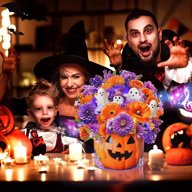 Alt view image 2 of 7 - Halloween Card with Music Lights, Pop Up Pumpkin Bouquet Decoration 10 Inch Life Size, 3D Ghost Paper Forever Flower,Play Halloween Music,Lights Dance, Musical Halloween Card Gift For Women Men