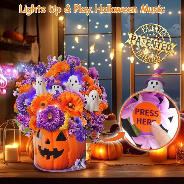 Alt view image 3 of 7 - Halloween Card with Music Lights, Pop Up Pumpkin Bouquet Decoration 10 Inch Life Size, 3D Ghost Paper Forever Flower,Play Halloween Music,Lights Dance, Musical Halloween Card Gift For Women Men