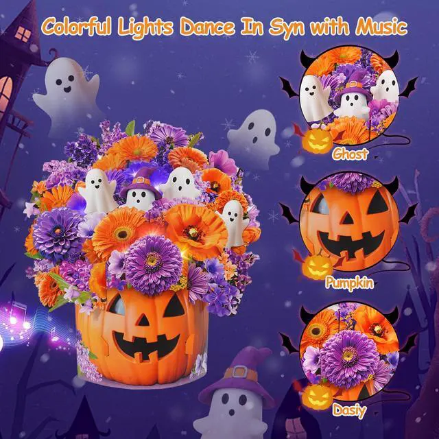 Alt view image 4 of 7 - Halloween Card with Music Lights, Pop Up Pumpkin Bouquet Decoration 10 Inch Life Size, 3D Ghost Paper Forever Flower,Play Halloween Music,Lights Dance, Musical Halloween Card Gift For Women Men