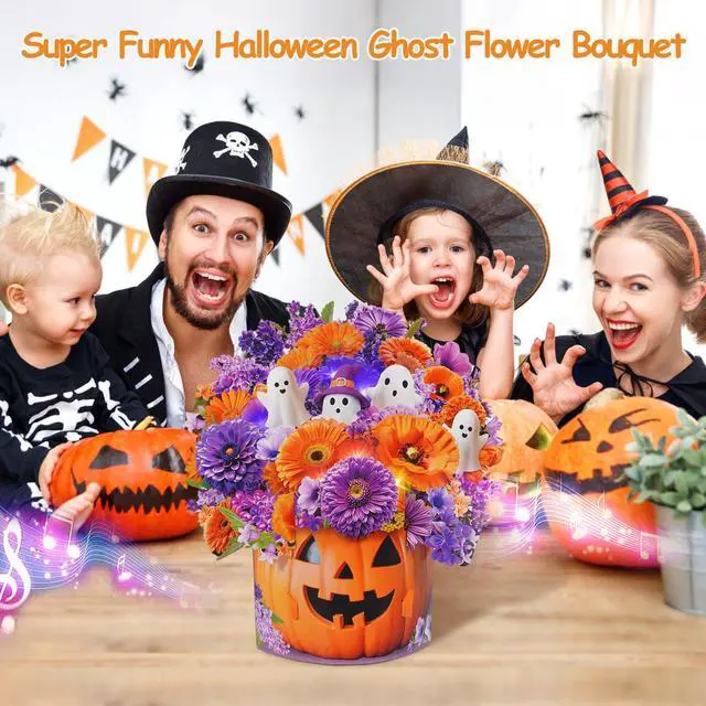 Alt view image 5 of 7 - Halloween Card with Music Lights, Pop Up Pumpkin Bouquet Decoration 10 Inch Life Size, 3D Ghost Paper Forever Flower,Play Halloween Music,Lights Dance, Musical Halloween Card Gift For Women Men