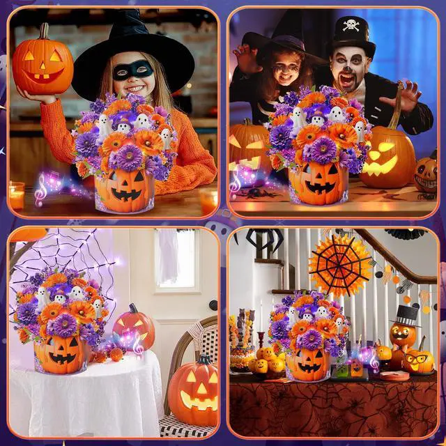 Alt view image 6 of 7 - Halloween Card with Music Lights, Pop Up Pumpkin Bouquet Decoration 10 Inch Life Size, 3D Ghost Paper Forever Flower,Play Halloween Music,Lights Dance, Musical Halloween Card Gift For Women Men