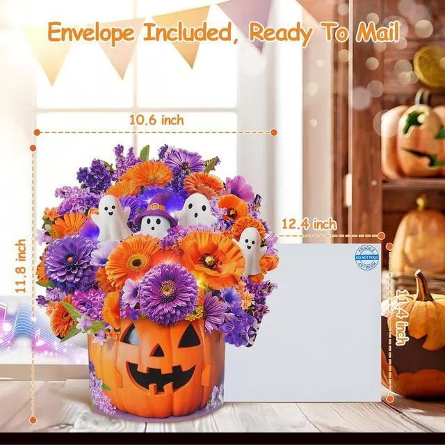 Alt view image 7 of 7 - Halloween Card with Music Lights, Pop Up Pumpkin Bouquet Decoration 10 Inch Life Size, 3D Ghost Paper Forever Flower,Play Halloween Music,Lights Dance, Musical Halloween Card Gift For Women Men