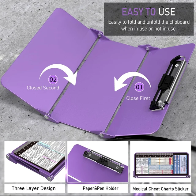 Alt view image 5 of 7 - Nursing Clipboard Foldable, Foldable Clipboard w/Nursing Edition Medical Charts, 3 Layers Aluminum, Nurse Clip Board w/Low Profile Clip&Pen Clip for Students, Nurses and Doctors, Purple