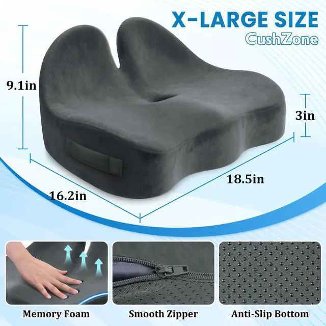 Alt view image 2 of 7 - Extra Large Seat Cushion, Sciatica Support for Office Chair, Grey Ergonomic Office Chair Cushion for Hip & Tailbone Pain Relief, Memory Foam Cushion for Car, Long Trip, Desk Chair, Lab
