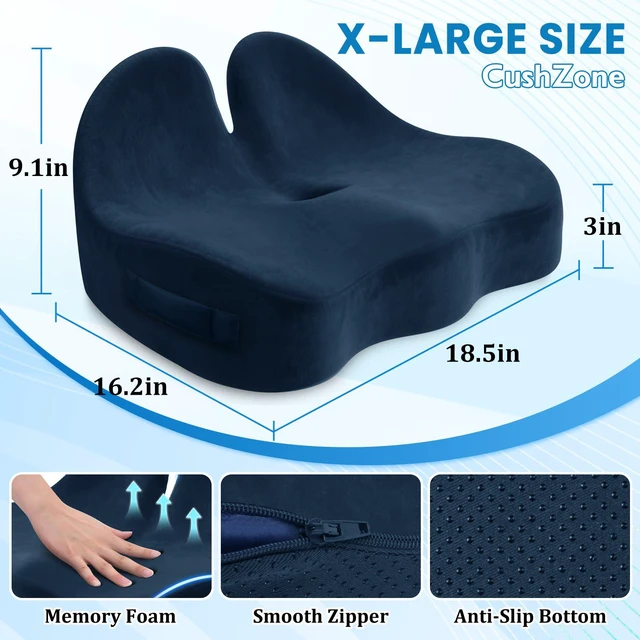 Alt view image 2 of 7 - Extra Large Seat Cushion, Sciatica Support for Office Chair, Blue Ergonomic Office Chair Cushion for Hip & Tailbone Pain Relief, Memory Foam Cushion for Car, Long Trip, Desk Chair, Lab