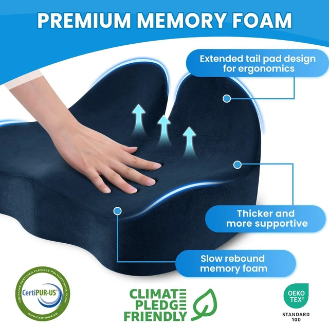 Alt view image 3 of 7 - Extra Large Seat Cushion, Sciatica Support for Office Chair, Blue Ergonomic Office Chair Cushion for Hip & Tailbone Pain Relief, Memory Foam Cushion for Car, Long Trip, Desk Chair, Lab