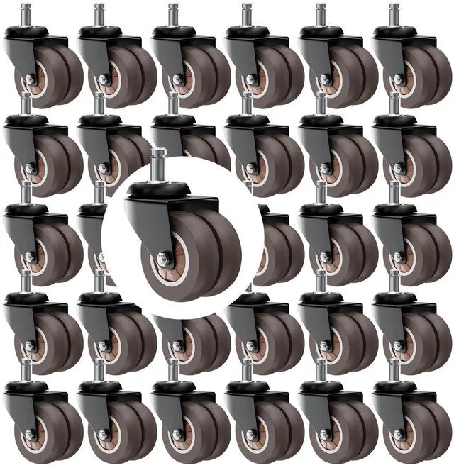 Main image of 2" Dual Wheel Chair Casters Set of 30 - Heavy Duty Grey Soft polyurethane protects hardwood/tile. Smooth, quiet rolling. Universal 7/16" stem. Steel resists rust. Not for IKEA