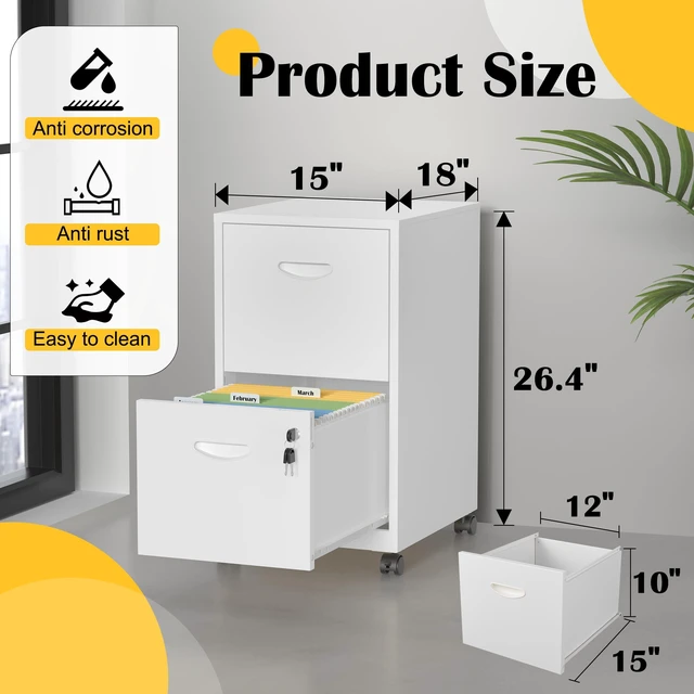 Alt view image 3 of 7 - 2 Drawer File Cabinet,Metal Mobile File Cabinet with Lock White Filing Cabinet with Wheel,Vertical File Cabinet for Home Office,Under Desk Rolling File Cabinets for Hanging Letter/A4