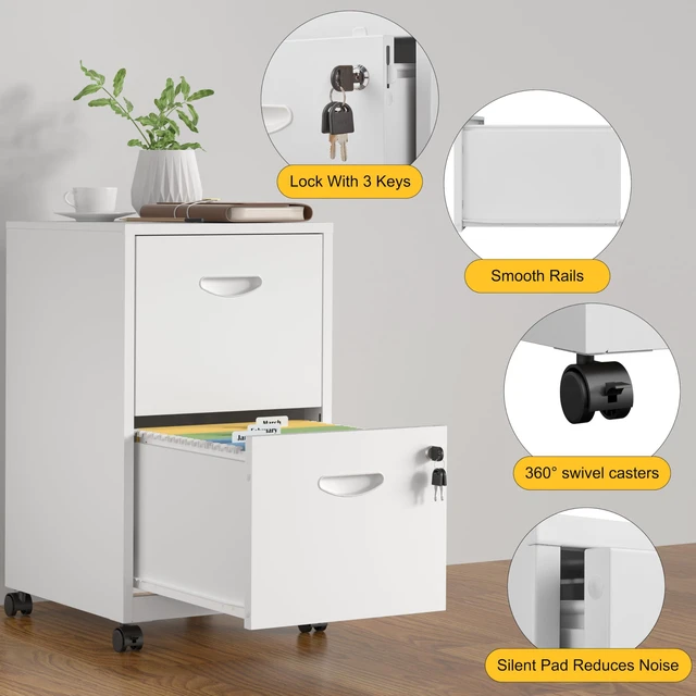 Alt view image 5 of 7 - 2 Drawer File Cabinet,Metal Mobile File Cabinet with Lock White Filing Cabinet with Wheel,Vertical File Cabinet for Home Office,Under Desk Rolling File Cabinets for Hanging Letter/A4