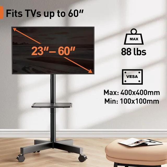 Alt view image 2 of 7 - Rolling TV Stand for 23-60 Inch LED Flat Screen/Curved TVs up to 88lbs,Mobile TV Stand Wheels with Height Adjustable Portable Rolling TV Cart Max VESA 400x400mm,PGTVMC06