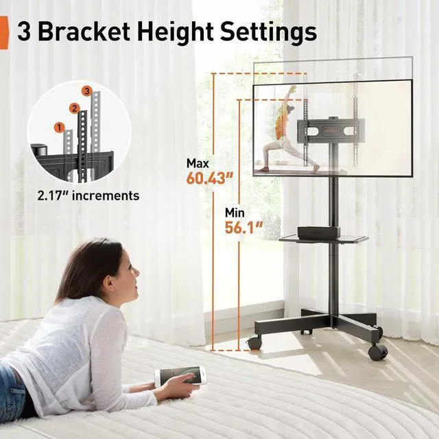 Alt view image 4 of 7 - Rolling TV Stand for 23-60 Inch LED Flat Screen/Curved TVs up to 88lbs,Mobile TV Stand Wheels with Height Adjustable Portable Rolling TV Cart Max VESA 400x400mm,PGTVMC06
