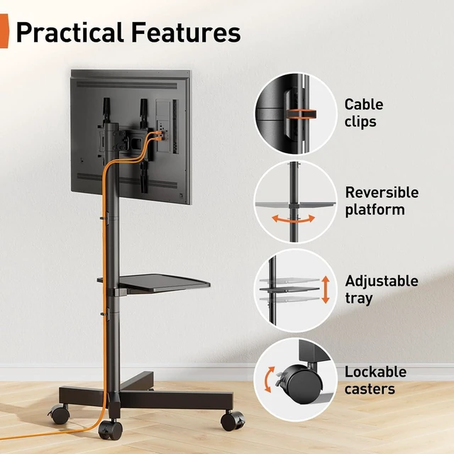 Alt view image 7 of 7 - Rolling TV Stand for 23-60 Inch LED Flat Screen/Curved TVs up to 88lbs,Mobile TV Stand Wheels with Height Adjustable Portable Rolling TV Cart Max VESA 400x400mm,PGTVMC06