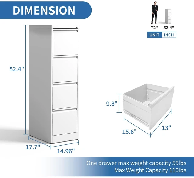 Alt view image 3 of 6 - 4 Drawer File Cabinet with Lock,Metal File Cabinet for Home Office White Vertical Filing Cabinets Heavy Duty Office Storage Cabinets for Letter/Legal/A4/F4 Size File, Assembly Required