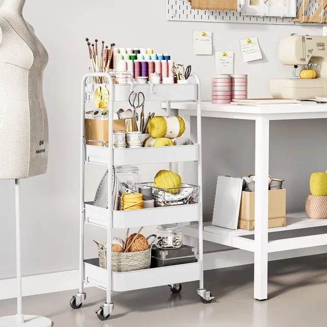 Alt view image 2 of 7 - 4 Tier Metal Rolling Cart, Utility Storage Cart with Wheels, White | Screwless Assembly, Lockable Metal Wheels, Trolley Organizer for Bathroom, Kitchen, Office, Dorm, Laundry, Craft Room