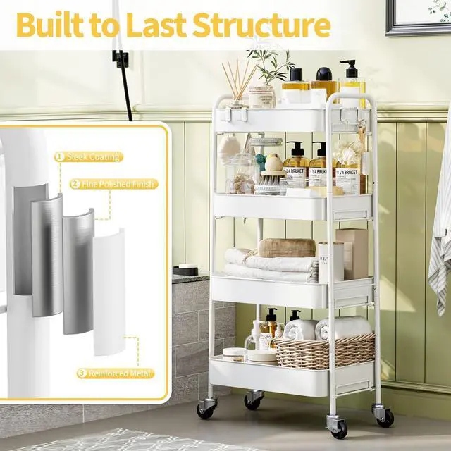 Alt view image 5 of 7 - 4 Tier Metal Rolling Cart, Utility Storage Cart with Wheels, White | Screwless Assembly, Lockable Metal Wheels, Trolley Organizer for Bathroom, Kitchen, Office, Dorm, Laundry, Craft Room