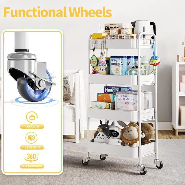 Alt view image 4 of 7 - 4 Tier Metal Rolling Cart, Utility Storage Cart with Wheels, White | Screwless Assembly, Lockable Metal Wheels, Trolley Organizer for Bathroom, Kitchen, Office, Dorm, Laundry, Craft Room