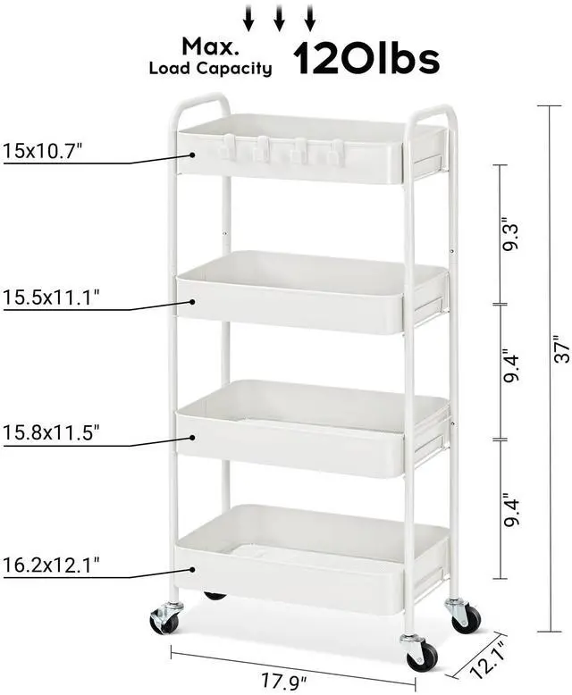 Alt view image 7 of 7 - 4 Tier Metal Rolling Cart, Utility Storage Cart with Wheels, White | Screwless Assembly, Lockable Metal Wheels, Trolley Organizer for Bathroom, Kitchen, Office, Dorm, Laundry, Craft Room