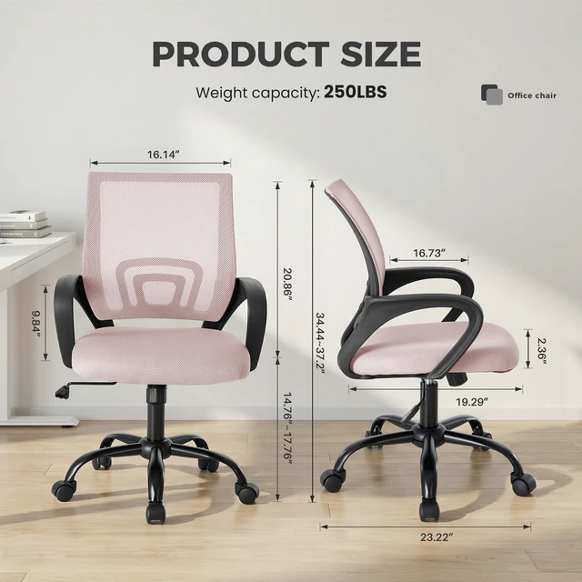 Alt view image 3 of 7 - Ergonomic Office Chair 2 Pack, Home Desk Mesh Chairs, Lumbar Support Height Adjustable, Fixed Armrest, Rocking Mode, 360 Swivel, 2 Pack Home, Pink