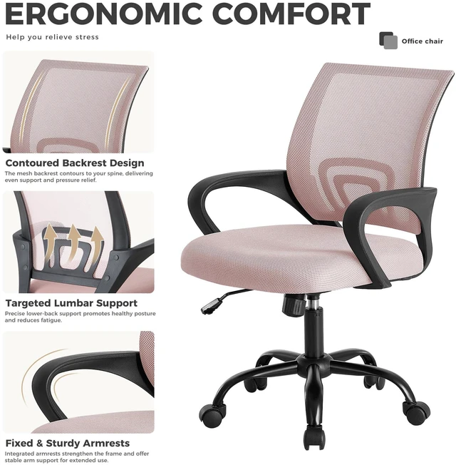 Alt view image 5 of 7 - Ergonomic Office Chair 2 Pack, Home Desk Mesh Chairs, Lumbar Support Height Adjustable, Fixed Armrest, Rocking Mode, 360 Swivel, 2 Pack Home, Pink