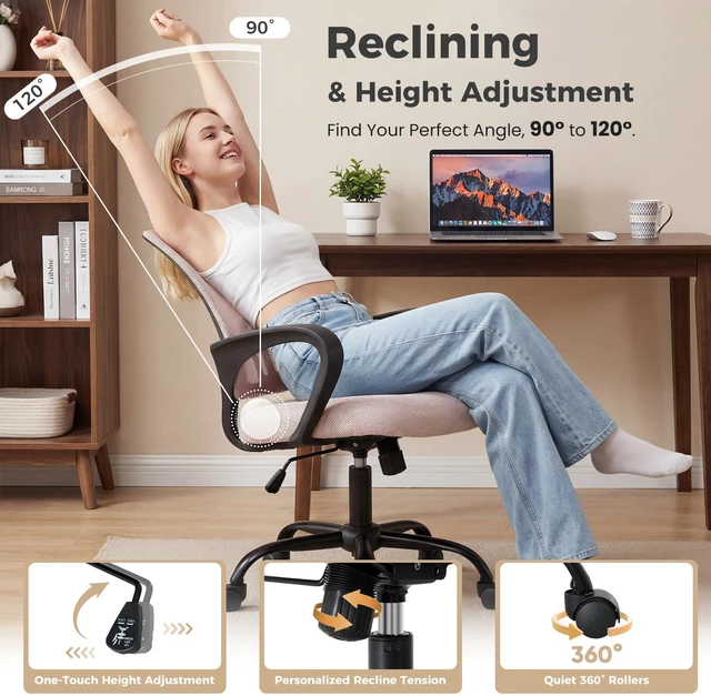 Alt view image 6 of 7 - Ergonomic Office Chair 2 Pack, Home Desk Mesh Chairs, Lumbar Support Height Adjustable, Fixed Armrest, Rocking Mode, 360 Swivel, 2 Pack Home, Pink
