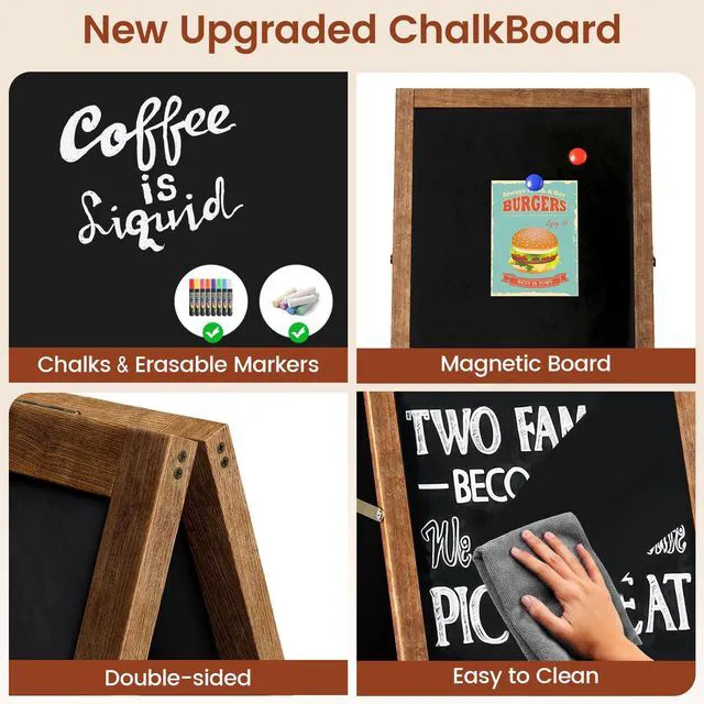Alt view image 3 of 7 - A Frame Chalkboard Sign, 40"x20", Brown Sidewalk Chalk Board Wooden Standing ChalkBoards Set with Marker Double-Sided Magnetic Blackboard for Cafés Weddings Party