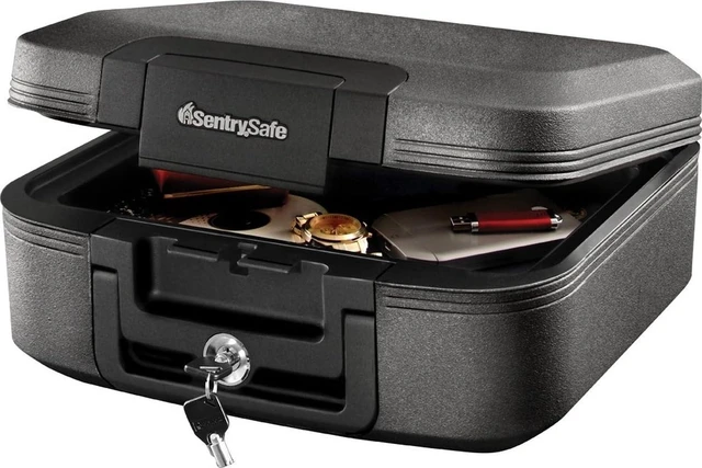 Main image of Charcoal Gray Fireproof and Waterproof Safe Box with Key Lock, Portable Chest for Money, Passport, 0.28 Cubic Feet, 6.6 x 15.4 x 14.3 Inches, CHW20221