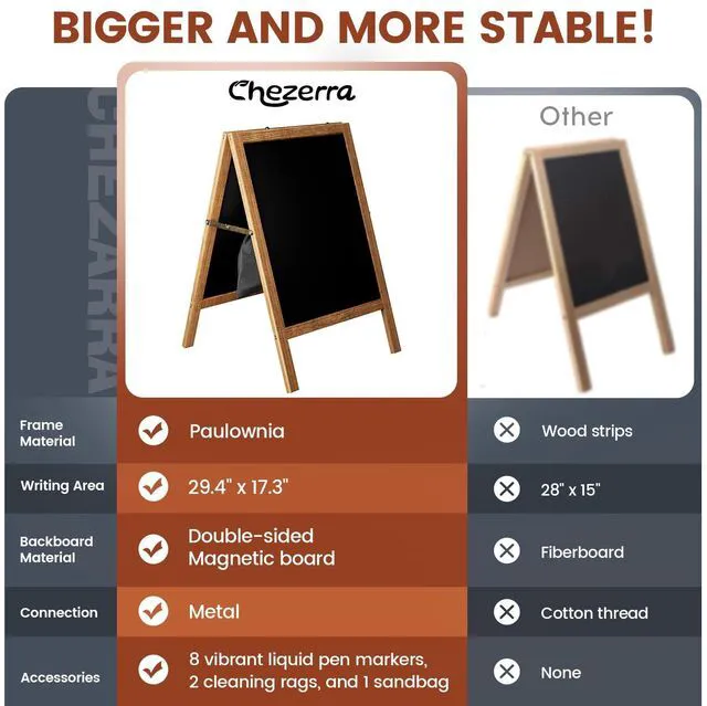 Alt view image 4 of 7 - A Frame Chalkboard Sign, 40"x20", Brown Sidewalk Chalk Board Wooden Standing ChalkBoards Set with Marker Double-Sided Magnetic Blackboard for Cafés Weddings Party
