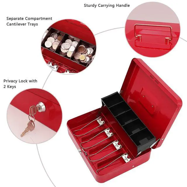 Alt view image 2 of 7 - Cash Box with Key Lock, Metal Money Box, Safe Storage box, Red Cash Box with Money Tray and Key Lock,Tiered, Cantilever Design,4 Bill / 5 Coin Slots,11.8" x 9.5" x 3.5"