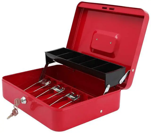 Main image of Cash Box with Key Lock, Metal Money Box, Safe Storage box, Red Cash Box with Money Tray and Key Lock,Tiered, Cantilever Design,4 Bill / 5 Coin Slots,11.8" x 9.5" x 3.5"