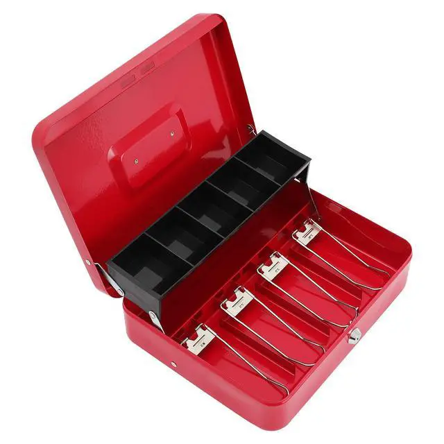Alt view image 3 of 7 - Cash Box with Key Lock, Metal Money Box, Safe Storage box, Red Cash Box with Money Tray and Key Lock,Tiered, Cantilever Design,4 Bill / 5 Coin Slots,11.8" x 9.5" x 3.5"