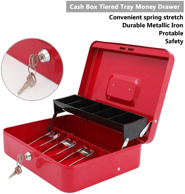 Alt view image 5 of 7 - Cash Box with Key Lock, Metal Money Box, Safe Storage box, Red Cash Box with Money Tray and Key Lock,Tiered, Cantilever Design,4 Bill / 5 Coin Slots,11.8" x 9.5" x 3.5"