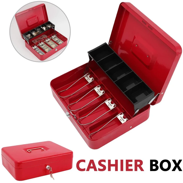 Alt view image 6 of 7 - Cash Box with Key Lock, Metal Money Box, Safe Storage box, Red Cash Box with Money Tray and Key Lock,Tiered, Cantilever Design,4 Bill / 5 Coin Slots,11.8" x 9.5" x 3.5"