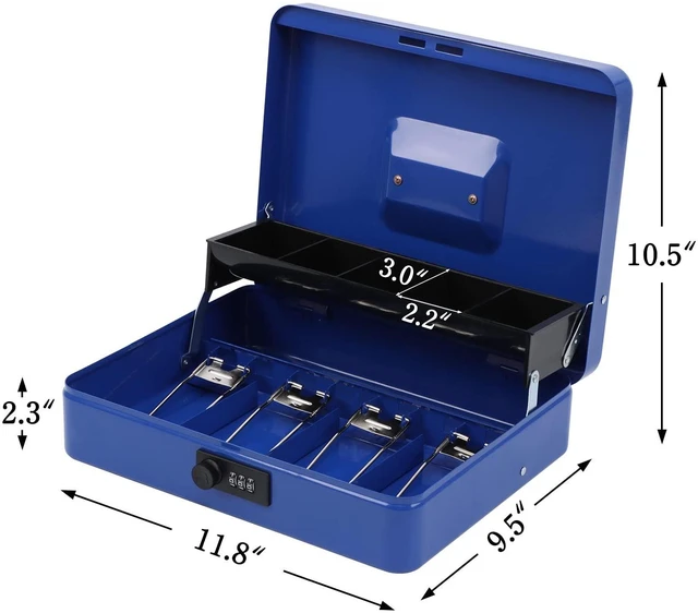 Alt view image 2 of 7 - Cash Box with Combination Lock, Metal Money Safe Storage box, Blue Cash Box with Money Tray and Combination Lock,Tiered, Cantilever Design,4 Bill / 5 Coin Slots,11.8" x 9.5" x 3.5"