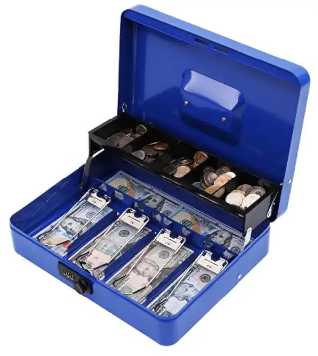 Main image of Cash Box with Combination Lock, Metal Money Safe Storage box, Blue Cash Box with Money Tray and Combination Lock,Tiered, Cantilever Design,4 Bill / 5 Coin Slots,11.8" x 9.5" x 3.5"