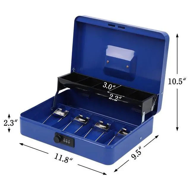 Alt view image 3 of 7 - Cash Box with Combination Lock, Metal Money Safe Storage box, Blue Cash Box with Money Tray and Combination Lock,Tiered, Cantilever Design,4 Bill / 5 Coin Slots,11.8" x 9.5" x 3.5"