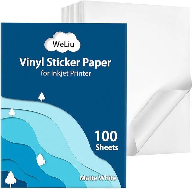 Main image of Premium Printable Vinyl Sticker Paper for Inkjet & Laser Printer, 100 Sheets Matte White Waterproof Decal Paper, Dry Quickly and Holds Ink Beautifully