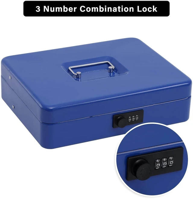 Alt view image 5 of 7 - Cash Box with Combination Lock, Metal Money Safe Storage box, Blue Cash Box with Money Tray and Combination Lock,Tiered, Cantilever Design,4 Bill / 5 Coin Slots,11.8" x 9.5" x 3.5"