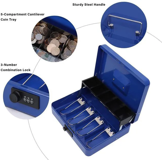 Alt view image 4 of 7 - Cash Box with Combination Lock, Metal Money Safe Storage box, Blue Cash Box with Money Tray and Combination Lock,Tiered, Cantilever Design,4 Bill / 5 Coin Slots,11.8" x 9.5" x 3.5"