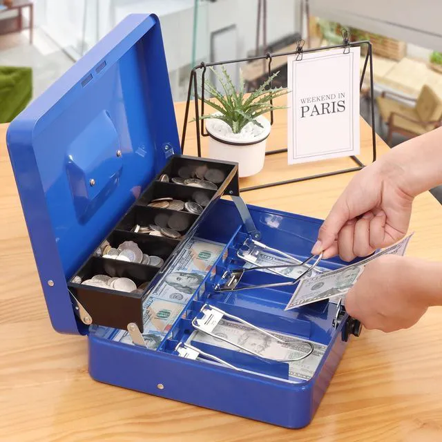 Alt view image 7 of 7 - Cash Box with Combination Lock, Metal Money Safe Storage box, Blue Cash Box with Money Tray and Combination Lock,Tiered, Cantilever Design,4 Bill / 5 Coin Slots,11.8" x 9.5" x 3.5"