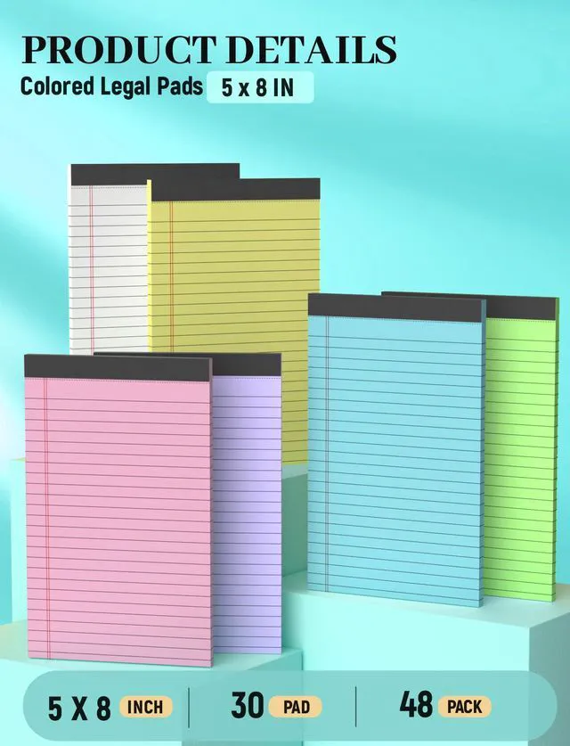 Alt view image 3 of 7 - 48 Pack Colored Note Pads 5x8, Pink Small Legal Pads 5x8 College Ruled Small legal Notepads Easy Tear-off, Perforated Lined Writing Pads 5x8, 30 Sheets Colored Mini Legal Pads for Office, School