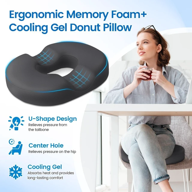 Alt view image 3 of 7 - Donut Pillow Seat Cushion, Cooling Gel Memory Foam Chair Cushion, Grey Office, Home & Car Seat Cushion, Butt Pillow for Tailbone Pain Relief, Hemorrhoids and Everyday Sitting Comfort