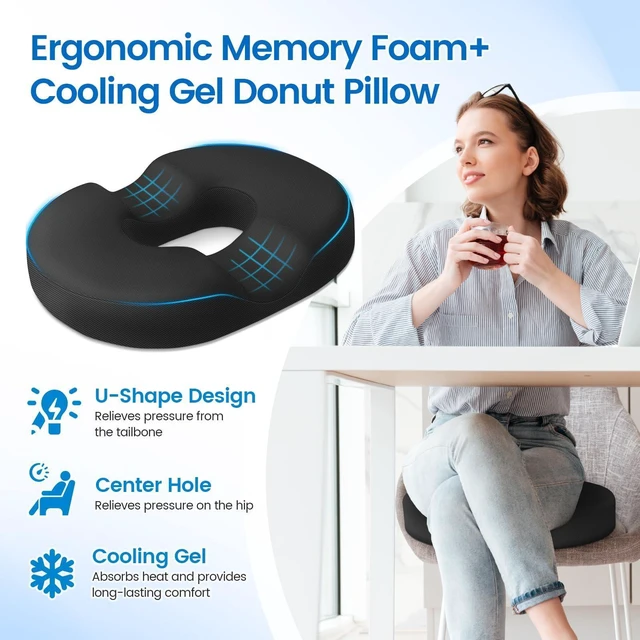 Alt view image 3 of 7 - Donut Pillow Seat Cushion, Cooling Gel Memory Foam Chair Cushion, Black Office, Home & Car Seat Cushion, Butt Pillow for Tailbone Pain Relief, Hemorrhoids and Everyday Sitting Comfort