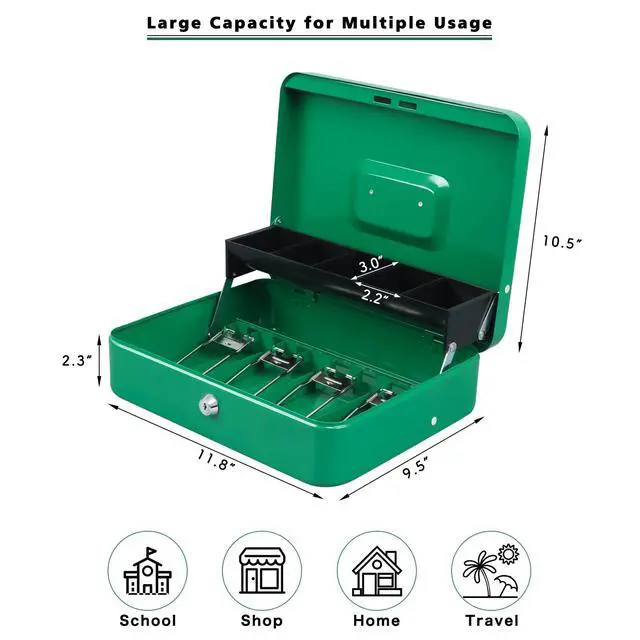 Alt view image 2 of 7 - Cash Box with Key Lock, Metal Money Box, Safe Storage box, Green Cash Box with Money Tray and Key Lock,Tiered, Cantilever Design,4 Bill / 5 Coin Slots,11.8" x 9.5" x 3.5"