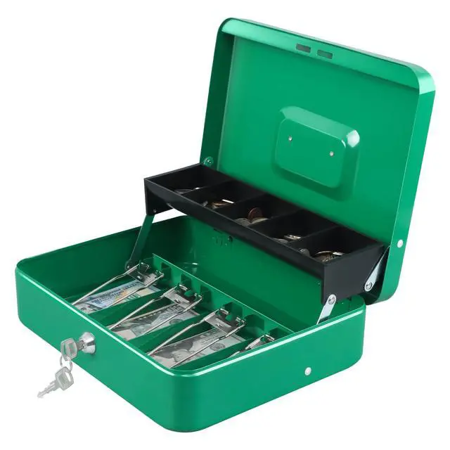 Main image of Cash Box with Key Lock, Metal Money Box, Safe Storage box, Green Cash Box with Money Tray and Key Lock,Tiered, Cantilever Design,4 Bill / 5 Coin Slots,11.8" x 9.5" x 3.5"