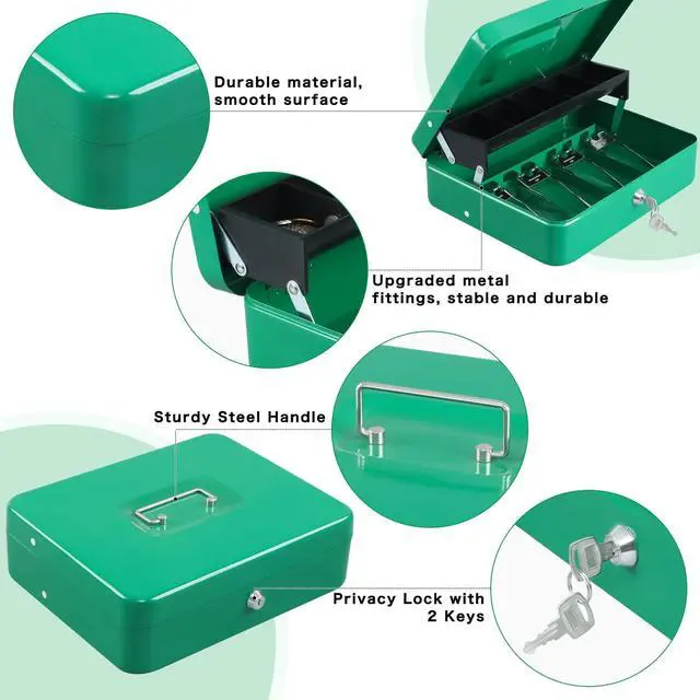 Alt view image 3 of 7 - Cash Box with Key Lock, Metal Money Box, Safe Storage box, Green Cash Box with Money Tray and Key Lock,Tiered, Cantilever Design,4 Bill / 5 Coin Slots,11.8" x 9.5" x 3.5"