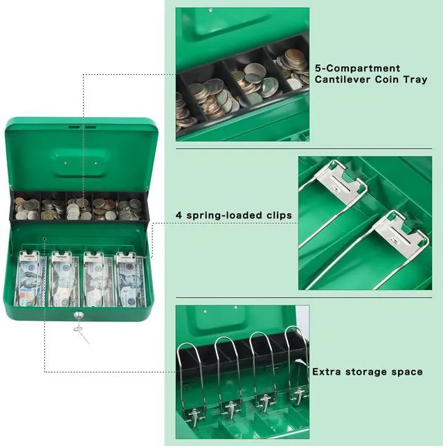 Alt view image 4 of 7 - Cash Box with Key Lock, Metal Money Box, Safe Storage box, Green Cash Box with Money Tray and Key Lock,Tiered, Cantilever Design,4 Bill / 5 Coin Slots,11.8" x 9.5" x 3.5"