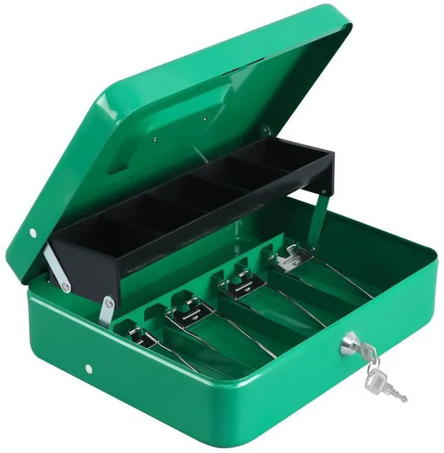 Alt view image 5 of 7 - Cash Box with Key Lock, Metal Money Box, Safe Storage box, Green Cash Box with Money Tray and Key Lock,Tiered, Cantilever Design,4 Bill / 5 Coin Slots,11.8" x 9.5" x 3.5"