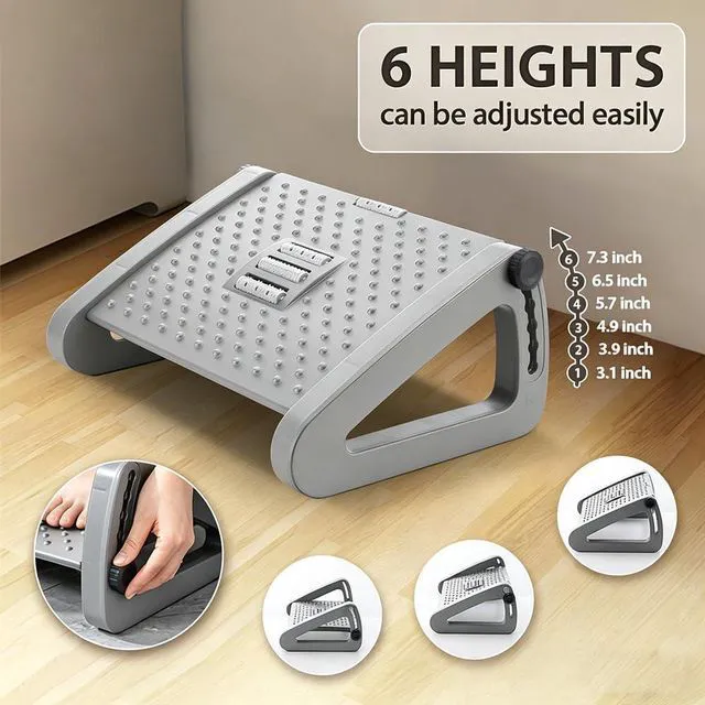 Alt view image 2 of 6 - Foot Rest, Six Heights Adjustable Foot Rest Under Desk at Work Ergonomic Foots Stool for Under Office Desks, Under Desk Footrest with Foot Massage Roller, Chair Footrest - Gray