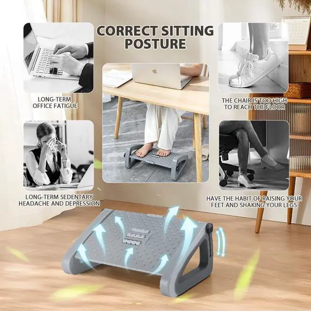 Alt view image 6 of 6 - Foot Rest, Six Heights Adjustable Foot Rest Under Desk at Work Ergonomic Foots Stool for Under Office Desks, Under Desk Footrest with Foot Massage Roller, Chair Footrest - Gray